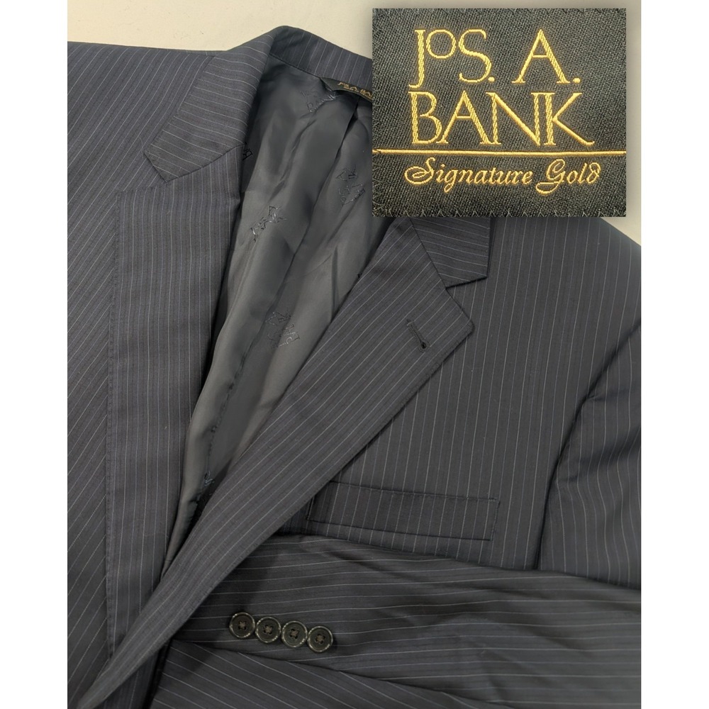 Jos Bank Signature Blazer Coat Sport Suit Jacket Wool Tan Navy Pinstripe 44R 46"